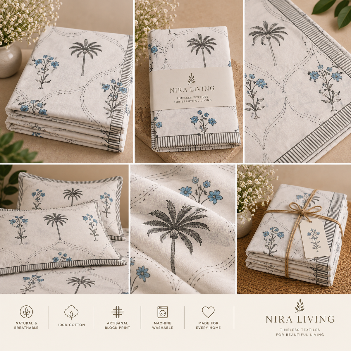 Coastal Palms & Grey Trellis Hand Block Print King Size Bedsheet