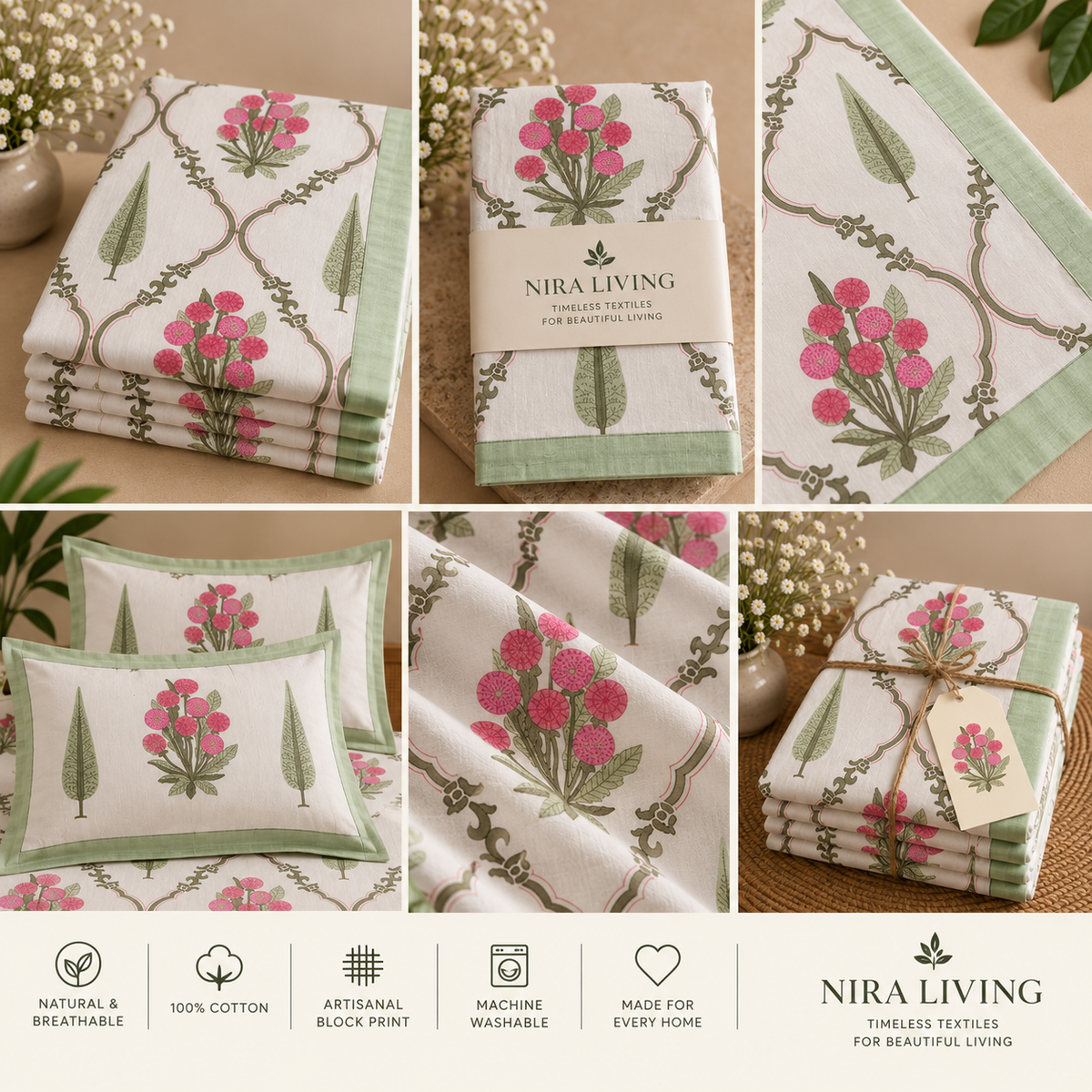 Crimson Blooms & Sage Vine King Size Hand Block Print Bedsheet