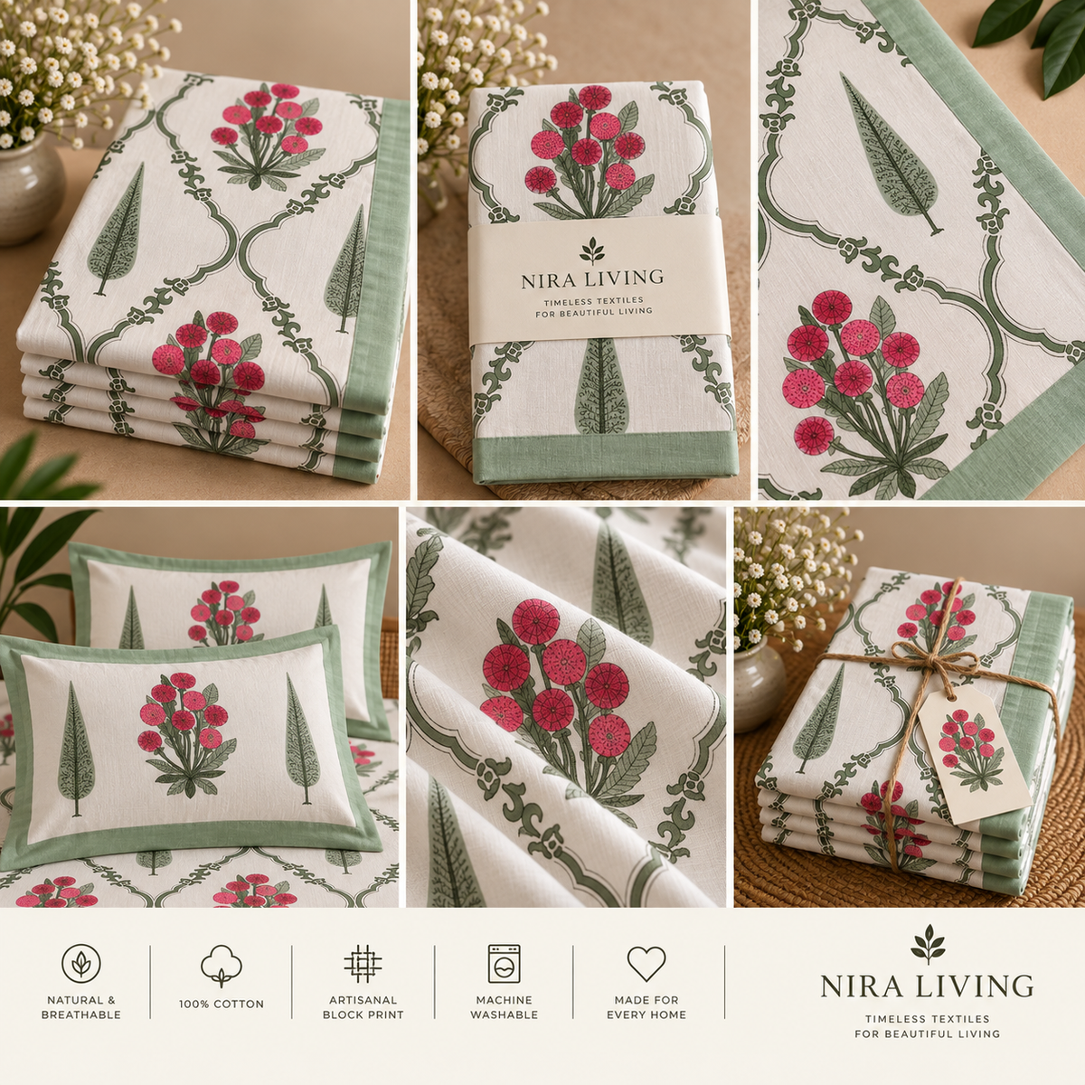 Artisanal Crimson Floral & Sage Block Print King Size Bedsheet Set