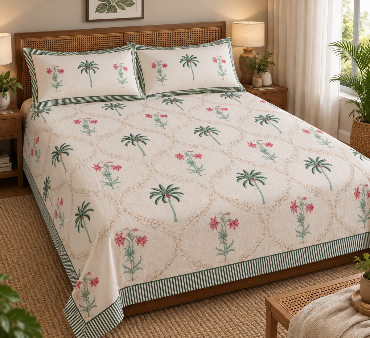 Tropical Pink Blossom & Palm Hand Block Print King Size Bedsheet