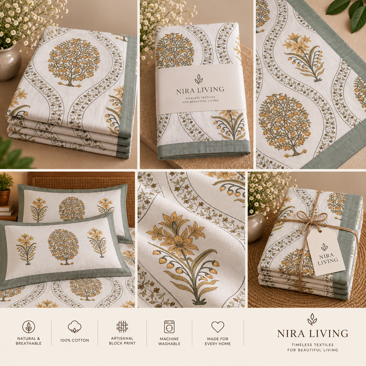 Handcrafted Olive & Mustard Tree Block Print King Size Bedsheet with Pillow Covers
