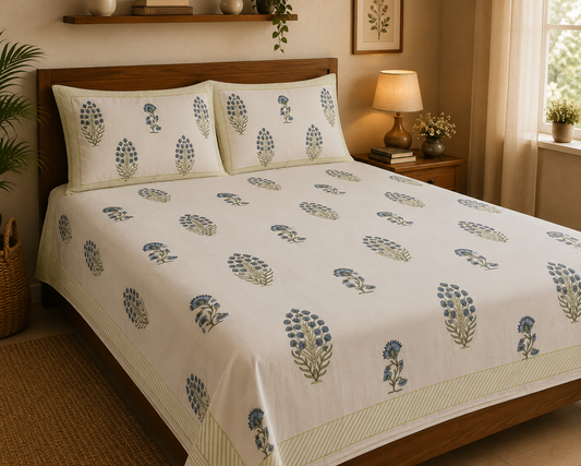 Blue Floral Block Print Bedsheet Set – King Size