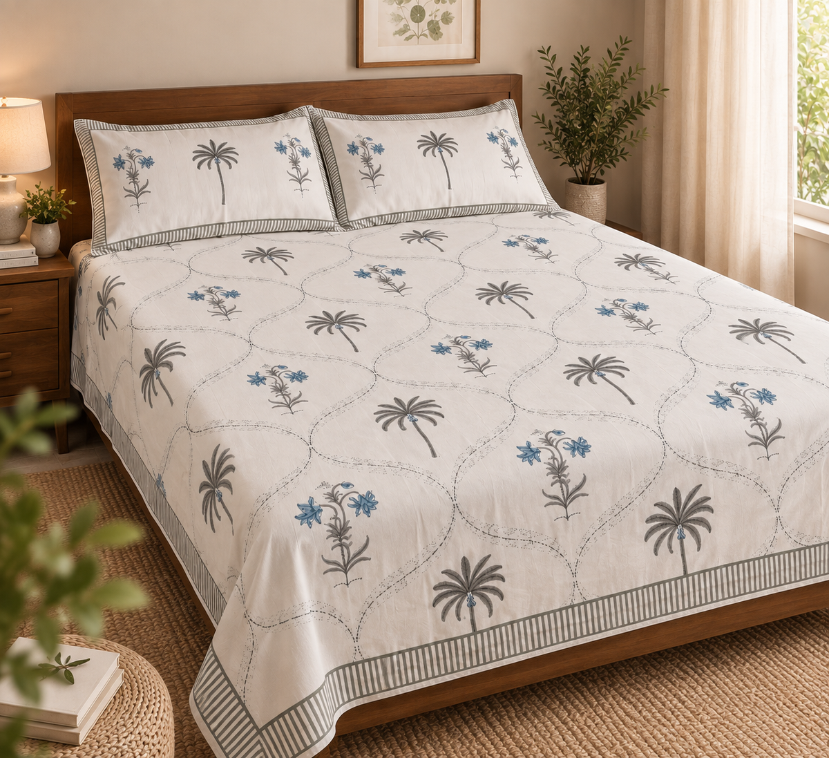 Coastal Palms & Grey Trellis Hand Block Print King Size Bedsheet