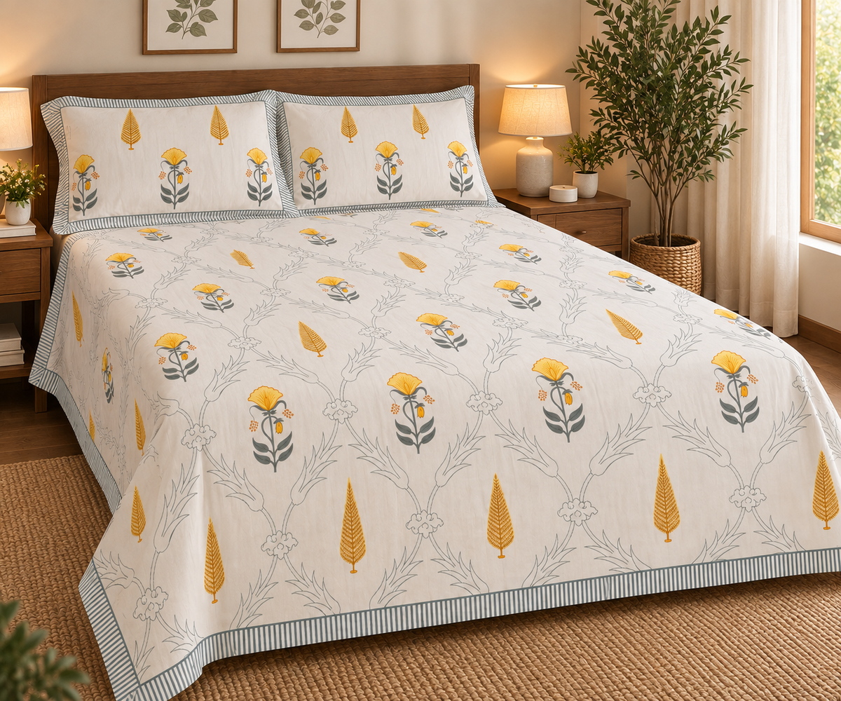 Sunlit Mustard Blooms & Grey Fern King Size Hand Block Print Bedsheet