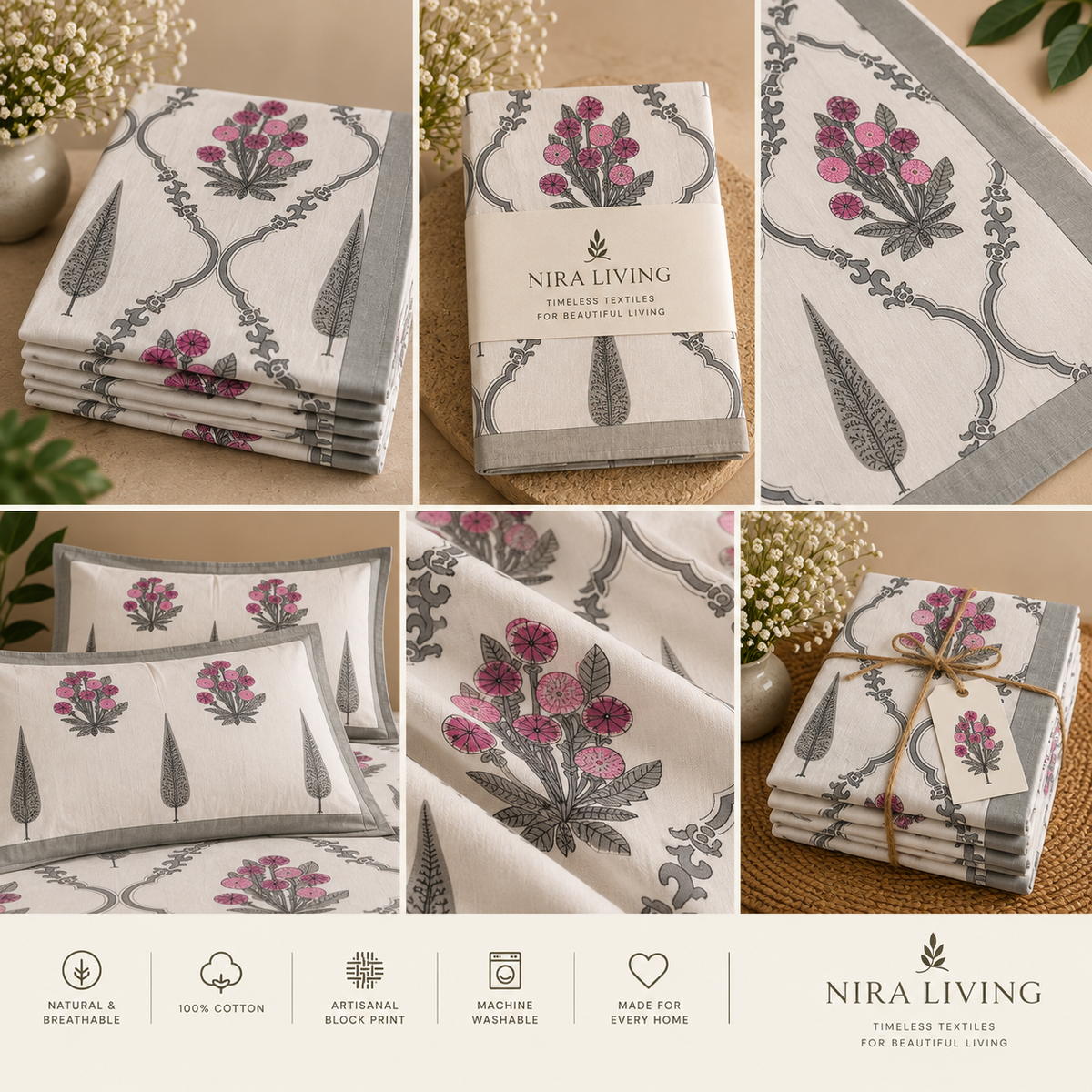 Magenta Blooms & Grey Trellis Hand Block Print King Size Bedsheet