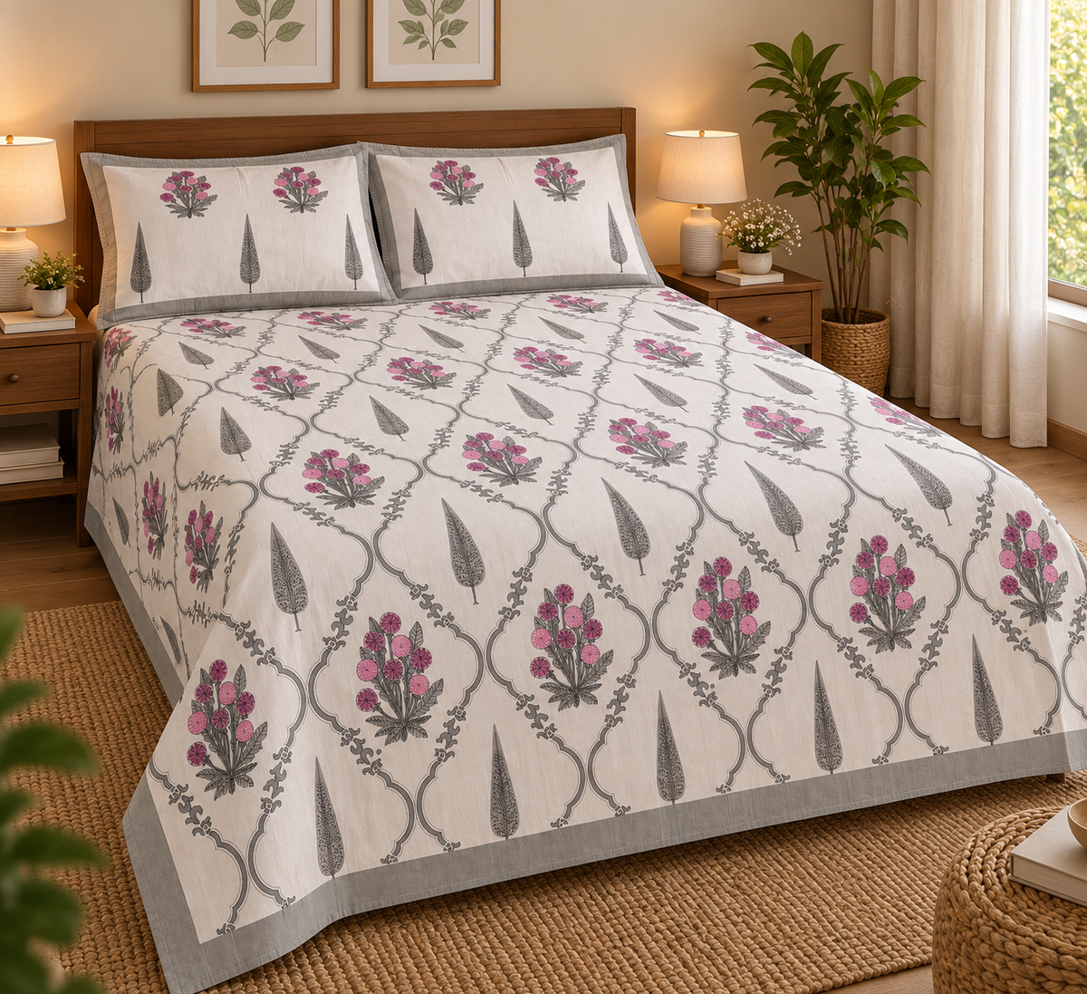 Magenta Blooms & Grey Trellis Hand Block Print King Size Bedsheet
