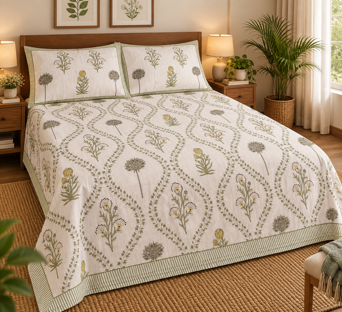 Botanical Yellow Wildflower Hand Block Print King Size Bedsheet Set