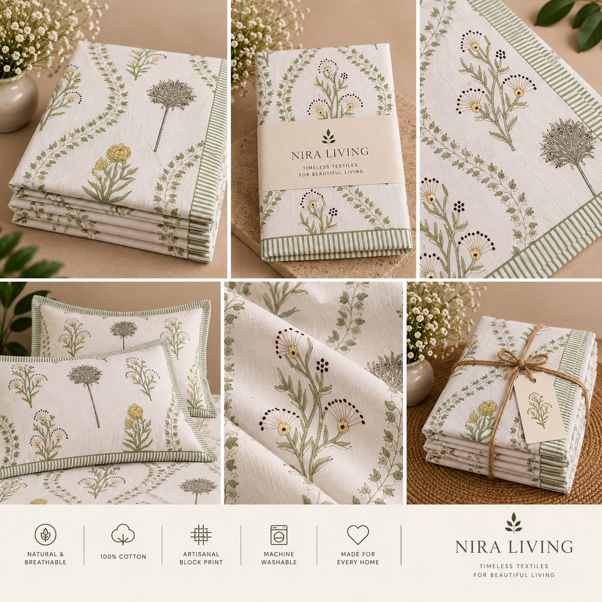 Botanical Yellow Wildflower Hand Block Print King Size Bedsheet Set
