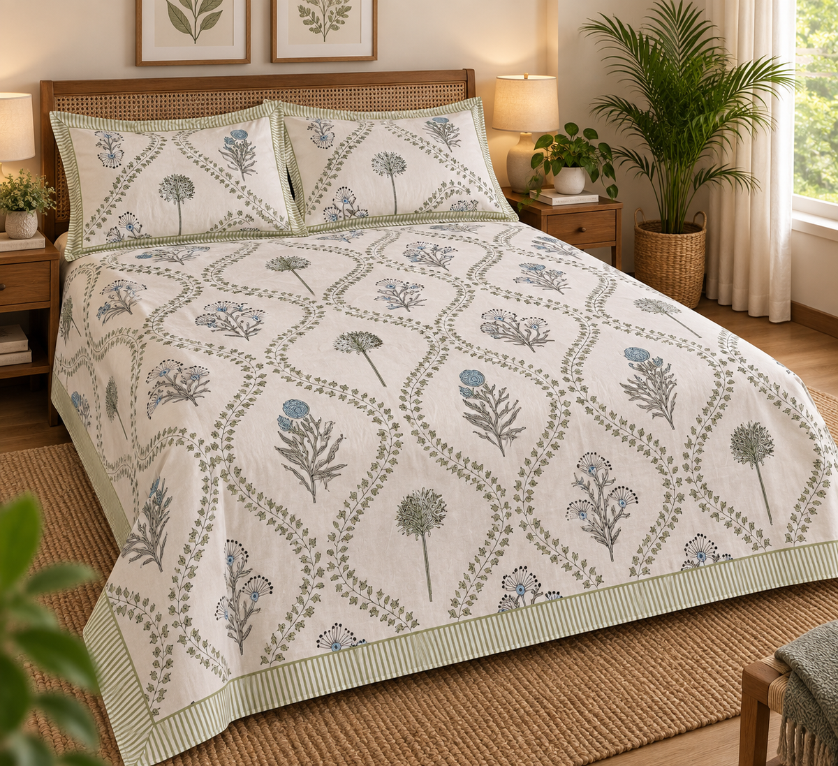 Heritage Blue Cornflower Hand Block Print King Size Bedsheet Collection