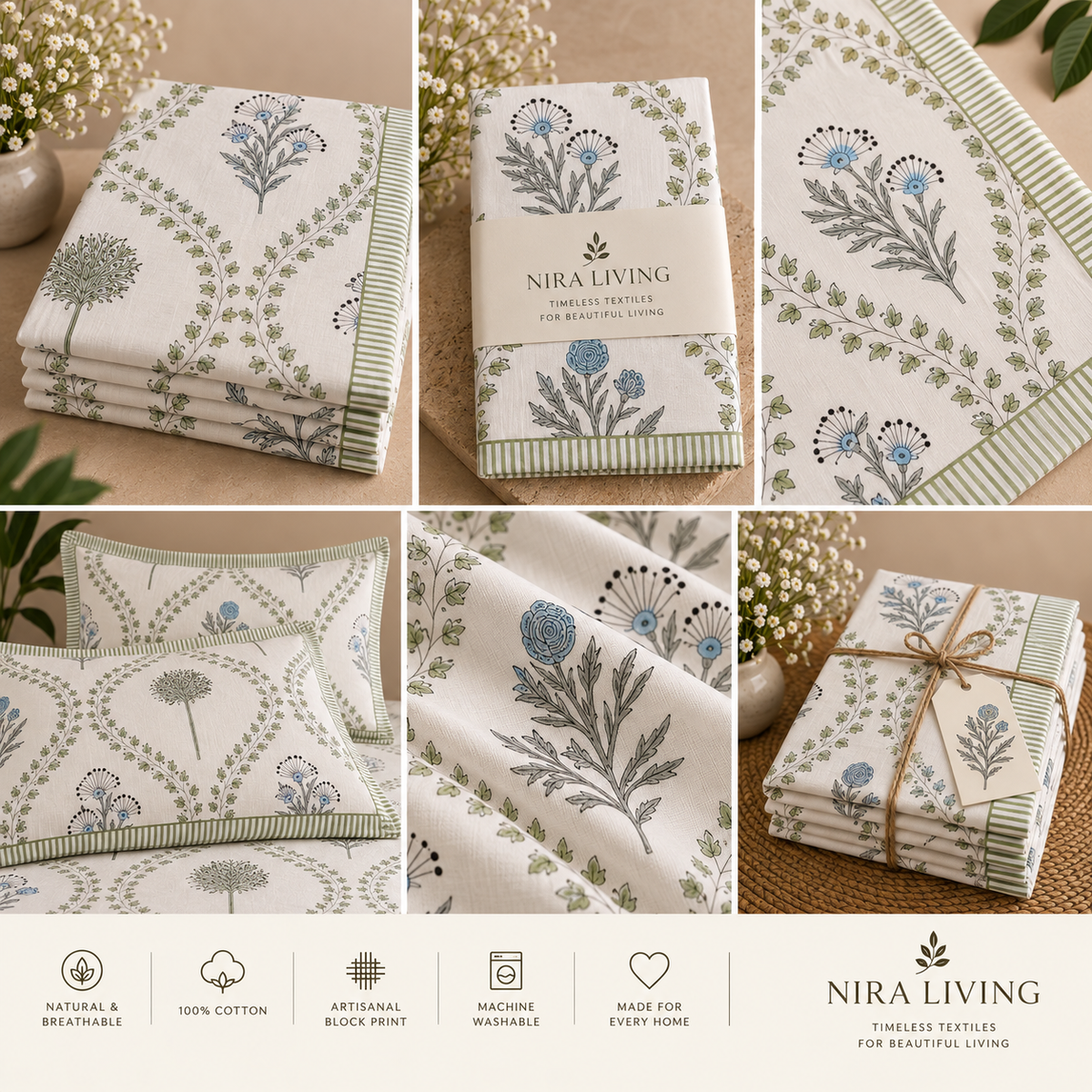 Heritage Blue Cornflower Hand Block Print King Size Bedsheet Collection