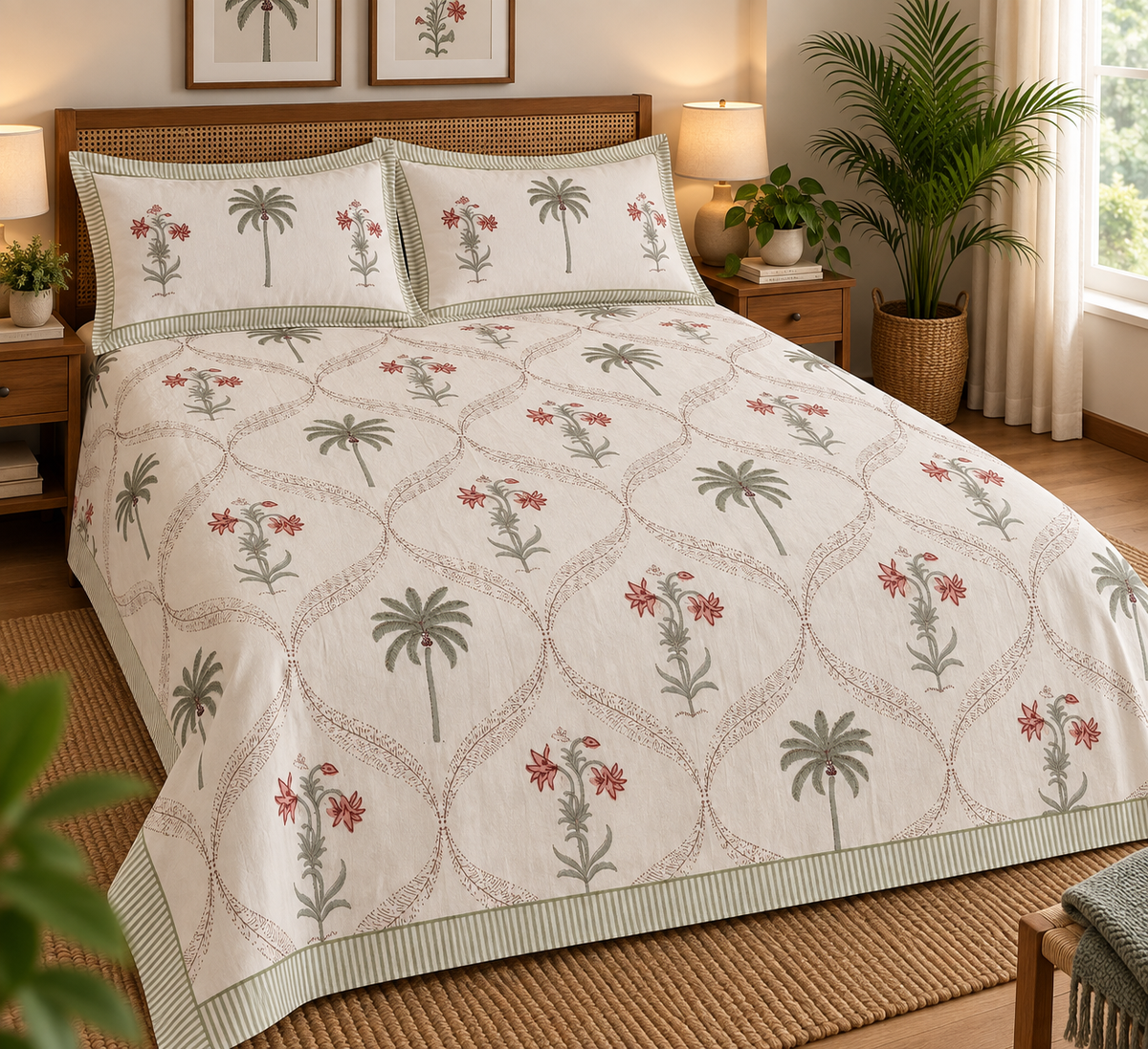 Heritage Red Blossom & Palm Hand Block Print King Size Bedsheet