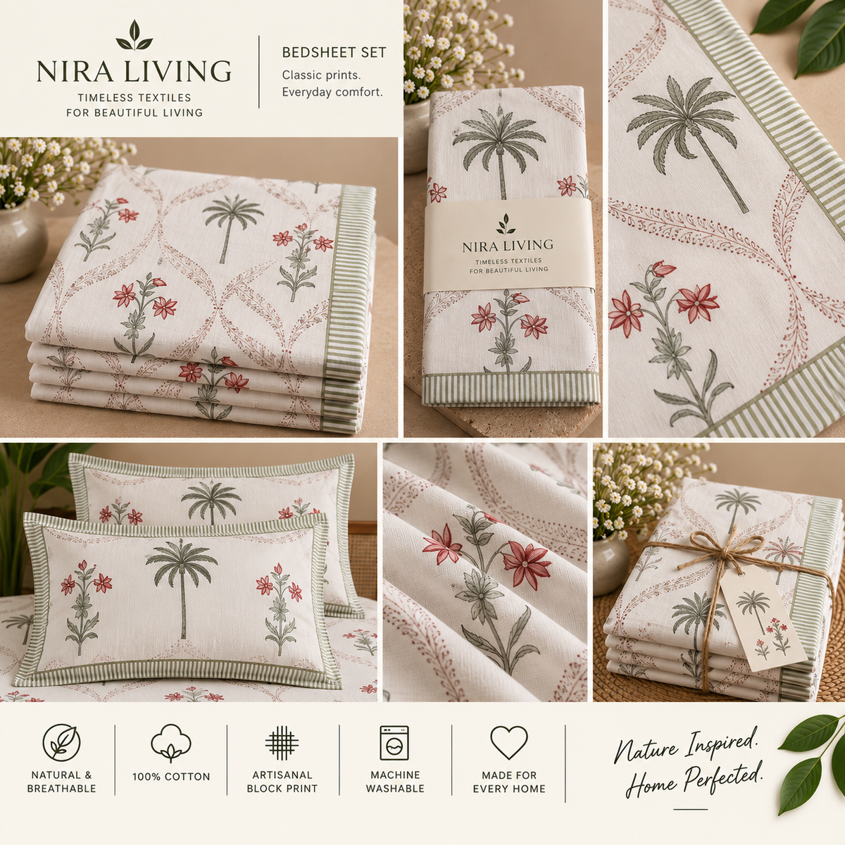 Heritage Red Blossom & Palm Hand Block Print King Size Bedsheet