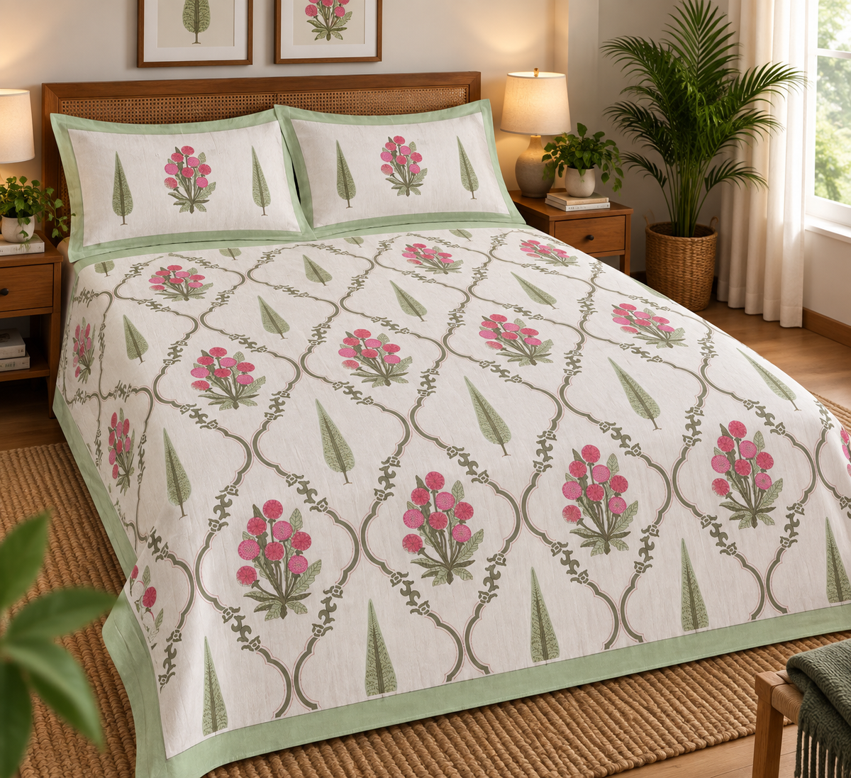 Crimson Blooms & Sage Vine King Size Hand Block Print Bedsheet