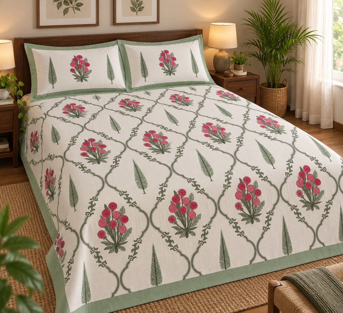 Artisanal Crimson Floral & Sage Block Print King Size Bedsheet Set