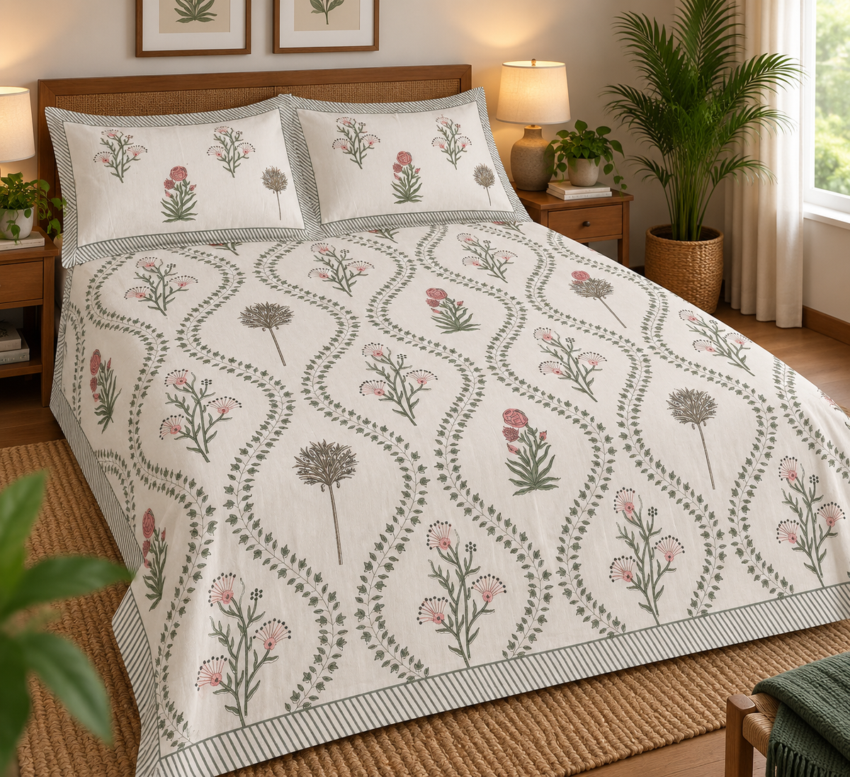 Romantic Blush Wildflower Hand Block Print King Size Bedsheet