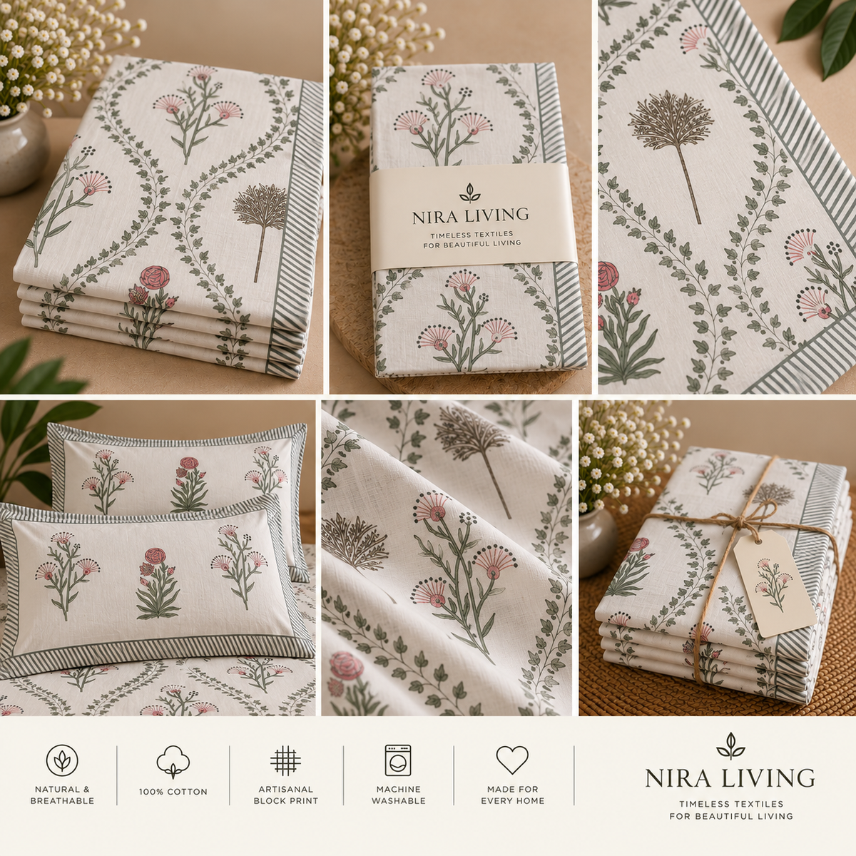 Romantic Blush Wildflower Hand Block Print King Size Bedsheet