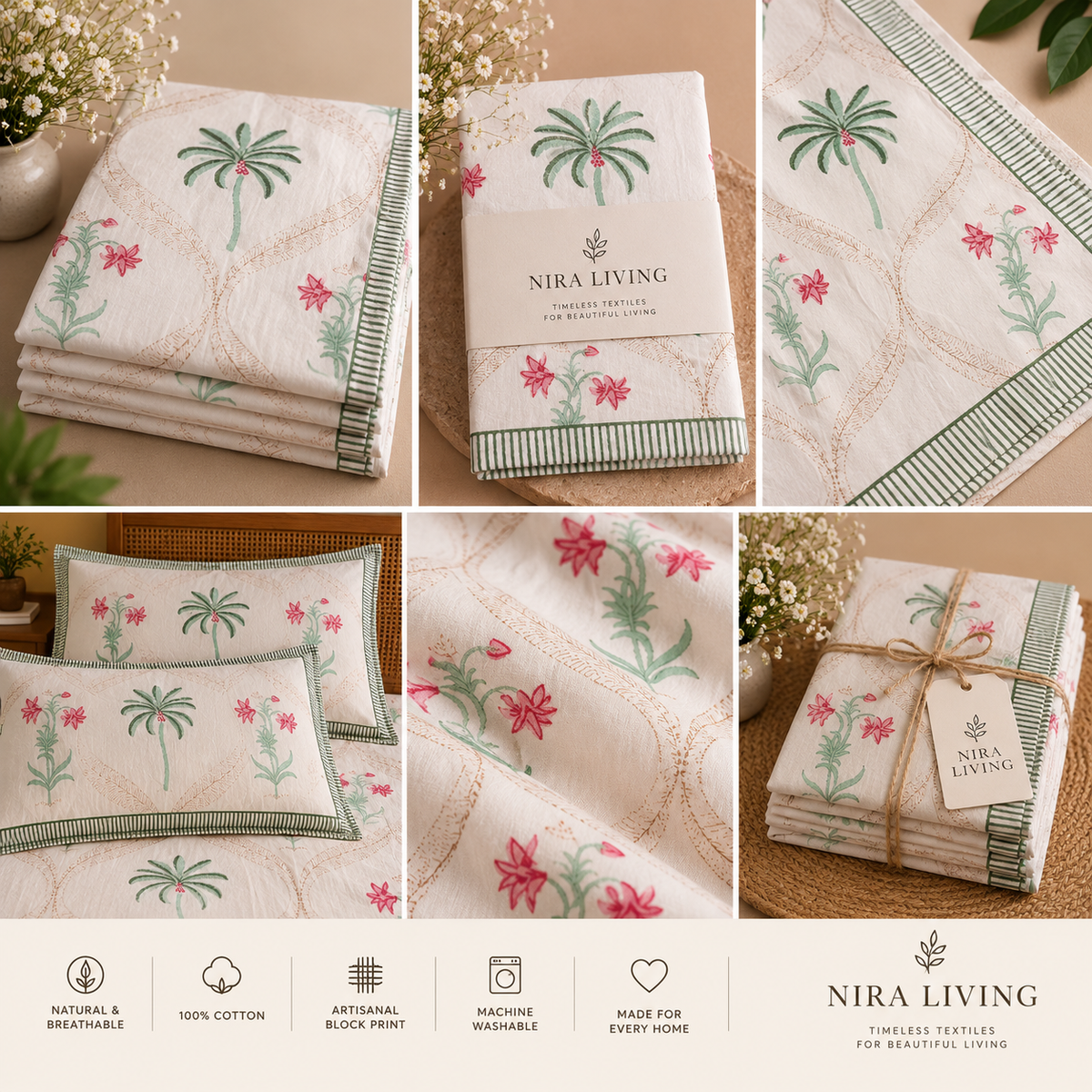 Tropical Pink Blossom & Palm Hand Block Print King Size Bedsheet