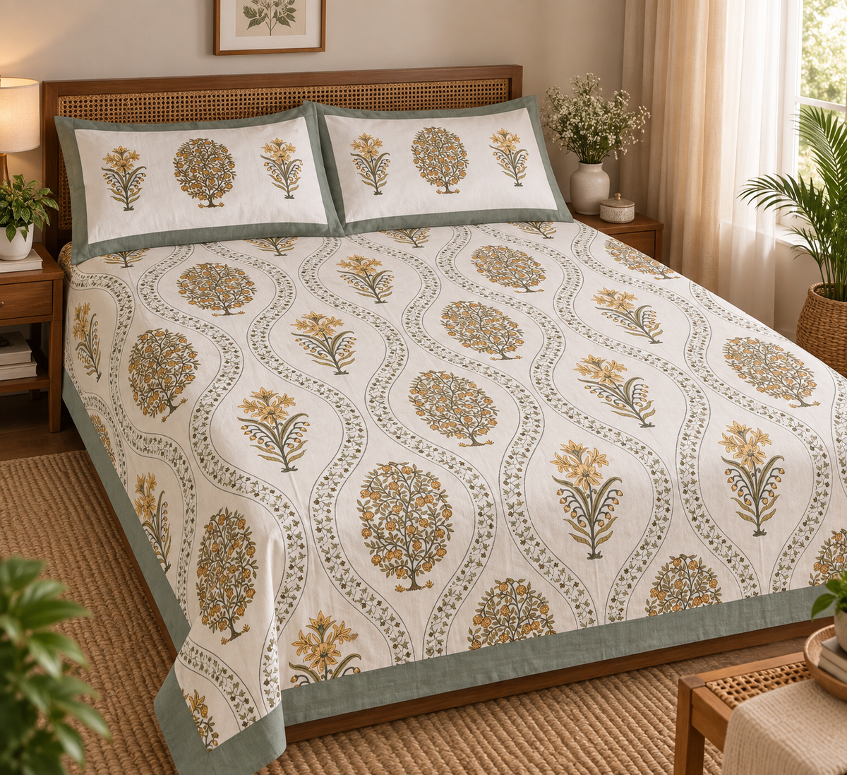 Handcrafted Olive & Mustard Tree Block Print King Size Bedsheet with Pillow Covers