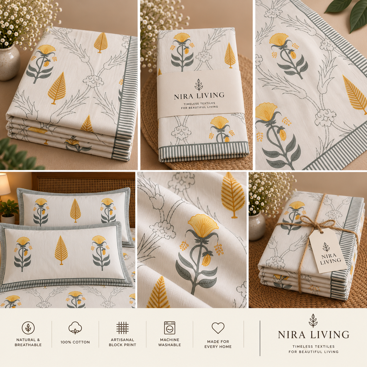 Sunlit Mustard Blooms & Grey Fern King Size Hand Block Print Bedsheet