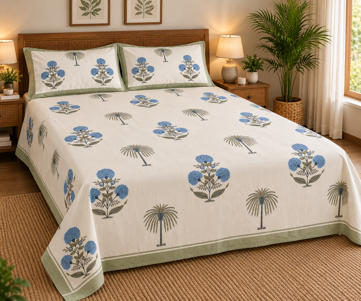 Coastal Palm & Blue Blossom King Size Hand Block Bedsheet