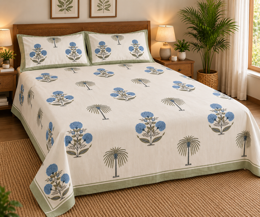 Coastal Palm & Blue Blossom King Size Hand Block Bedsheet