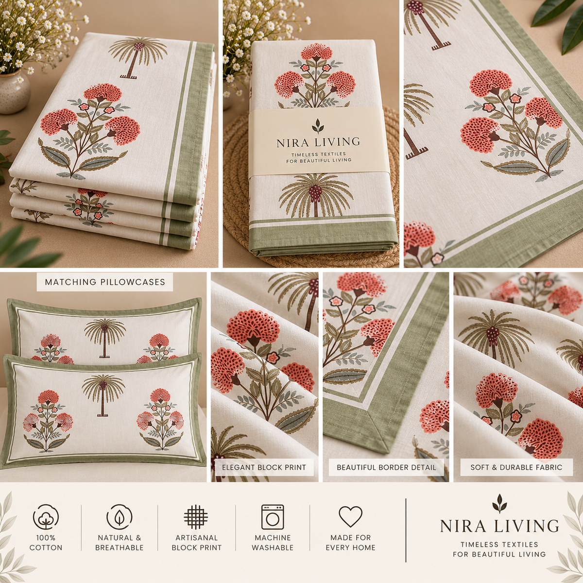 Coral Floral & Palm Hand Block Print King Size Bedsheet