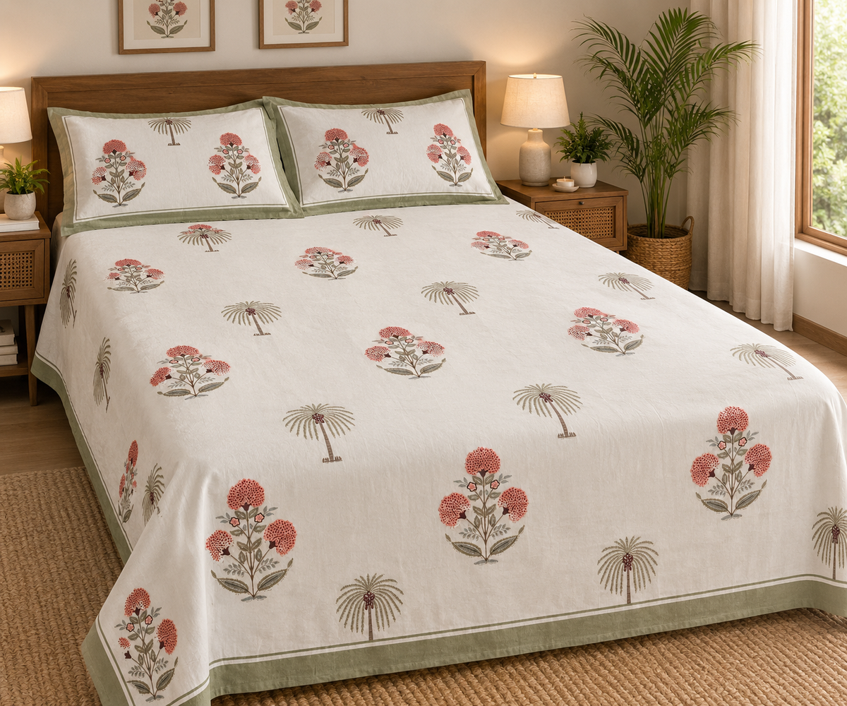 Coral Floral & Palm Hand Block Print King Size Bedsheet
