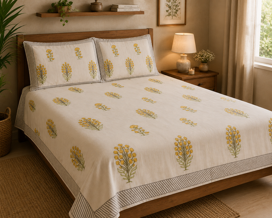 Marigold Block Print Bedsheet Set – King Size