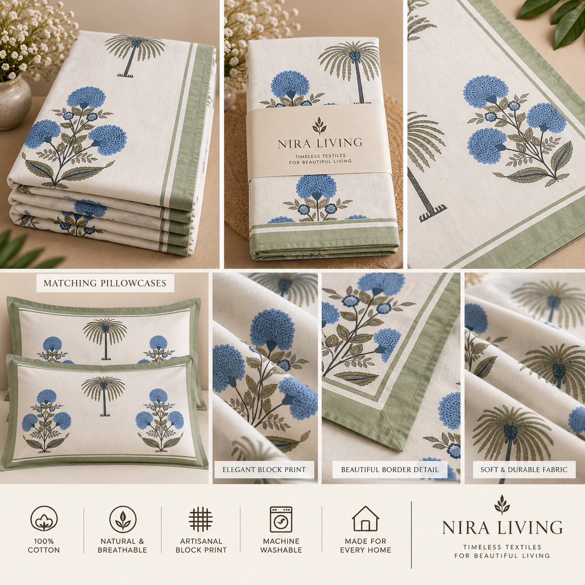 Coastal Palm & Blue Blossom King Size Hand Block Bedsheet
